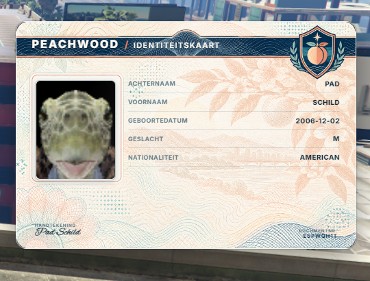 Peachwood-ID-kaart: het documentnummer staat rechtsonder